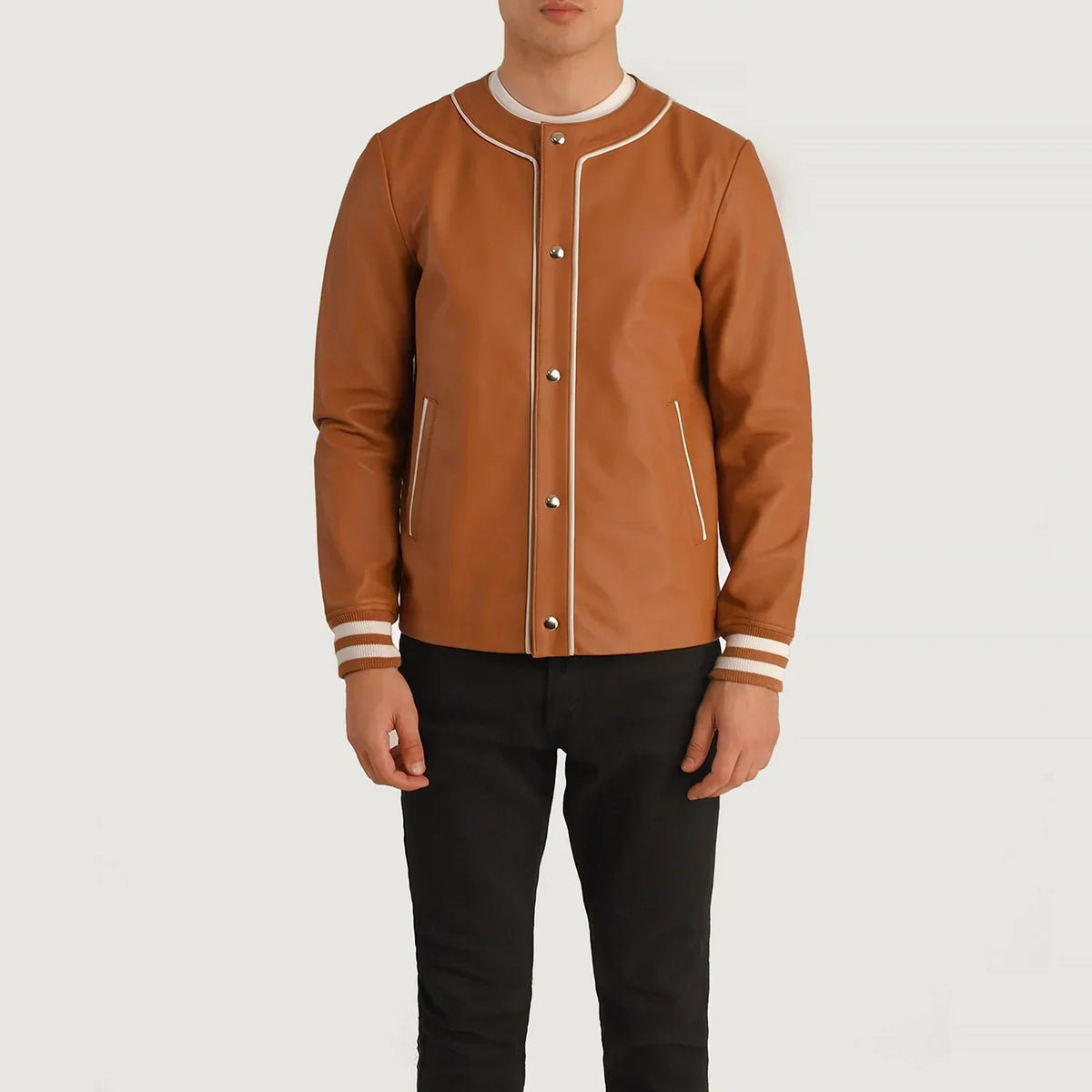 Willis Tan Brown Leather Varsity Jacket - men's jacket in brown & tan sheepskin leather, view 4