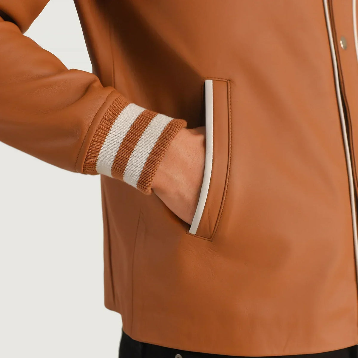 Willis Tan Brown Leather Varsity Jacket - men's jacket in brown & tan sheepskin leather, view 6