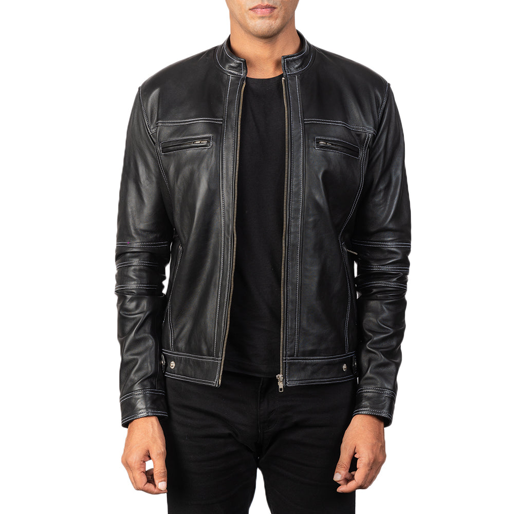 Youngster Black Leather Biker Jacket - men's jacket in black sheepskin leather, view 1