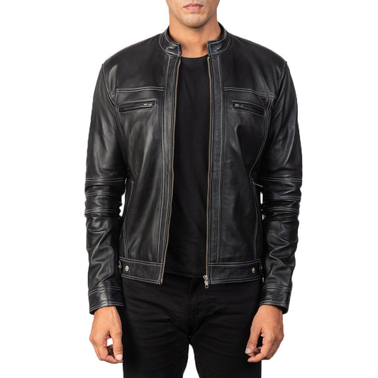 Youngster Black Leather Biker Jacket - men's jacket in black sheepskin leather, view 1