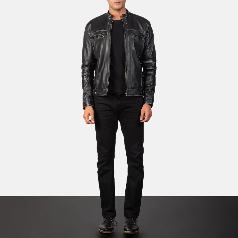 Youngster Black Leather Biker Jacket - men's jacket in black sheepskin leather, view 3