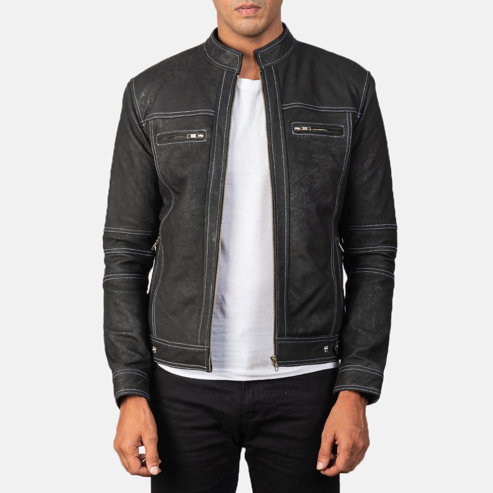 Youngster Distressed Black Leather Jacket - men's jacket in black sheepskin leather, view 1