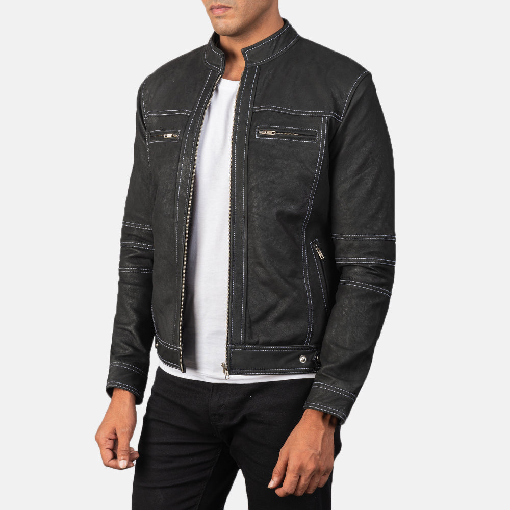 Youngster Distressed Black Leather Jacket - men's jacket in black sheepskin leather, view 2