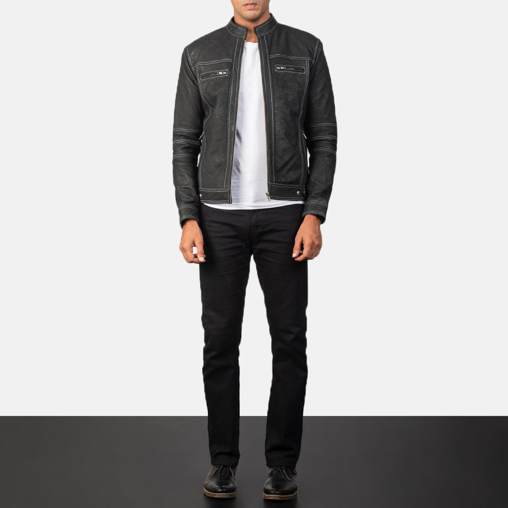 Youngster Distressed Black Leather Jacket - men's jacket in black sheepskin leather, view 4