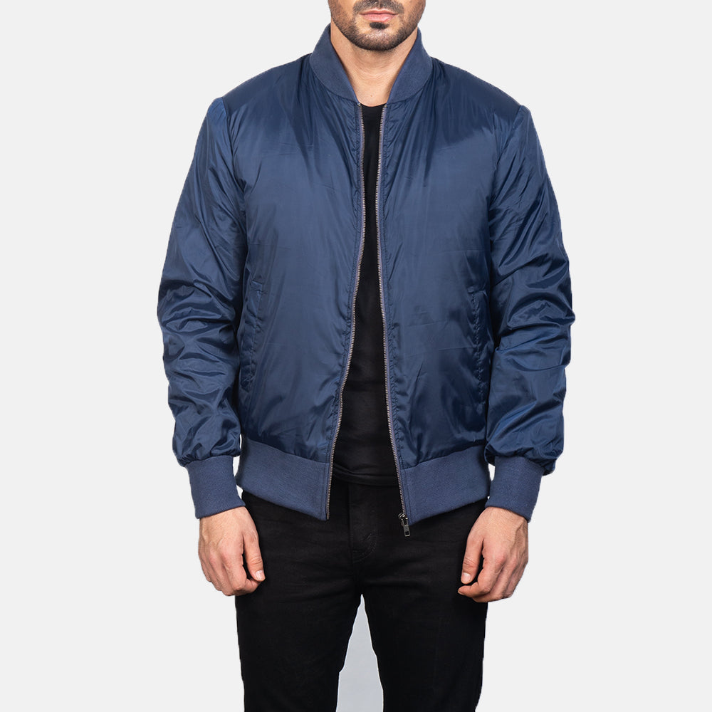 Zack Blue Bomber Jacket - men's jacket in blue premium leather, view 1