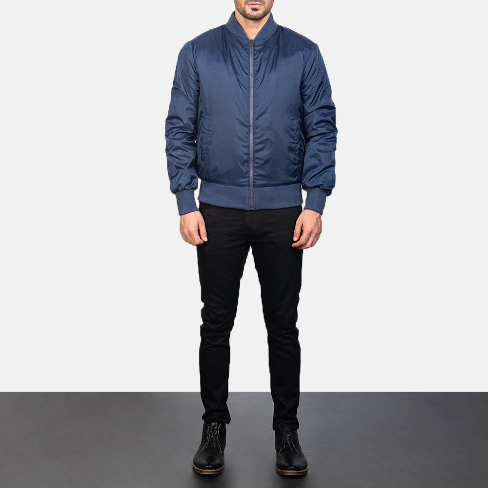 Zack Blue Bomber Jacket - men's jacket in blue premium leather, view 3