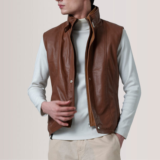 Zane Waxed Brown Leather Vest - men's vest in brown premium leather, view 1