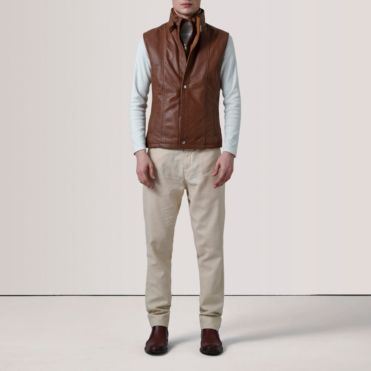 Zane Waxed Brown Leather Vest - men's vest in brown premium leather, view 2