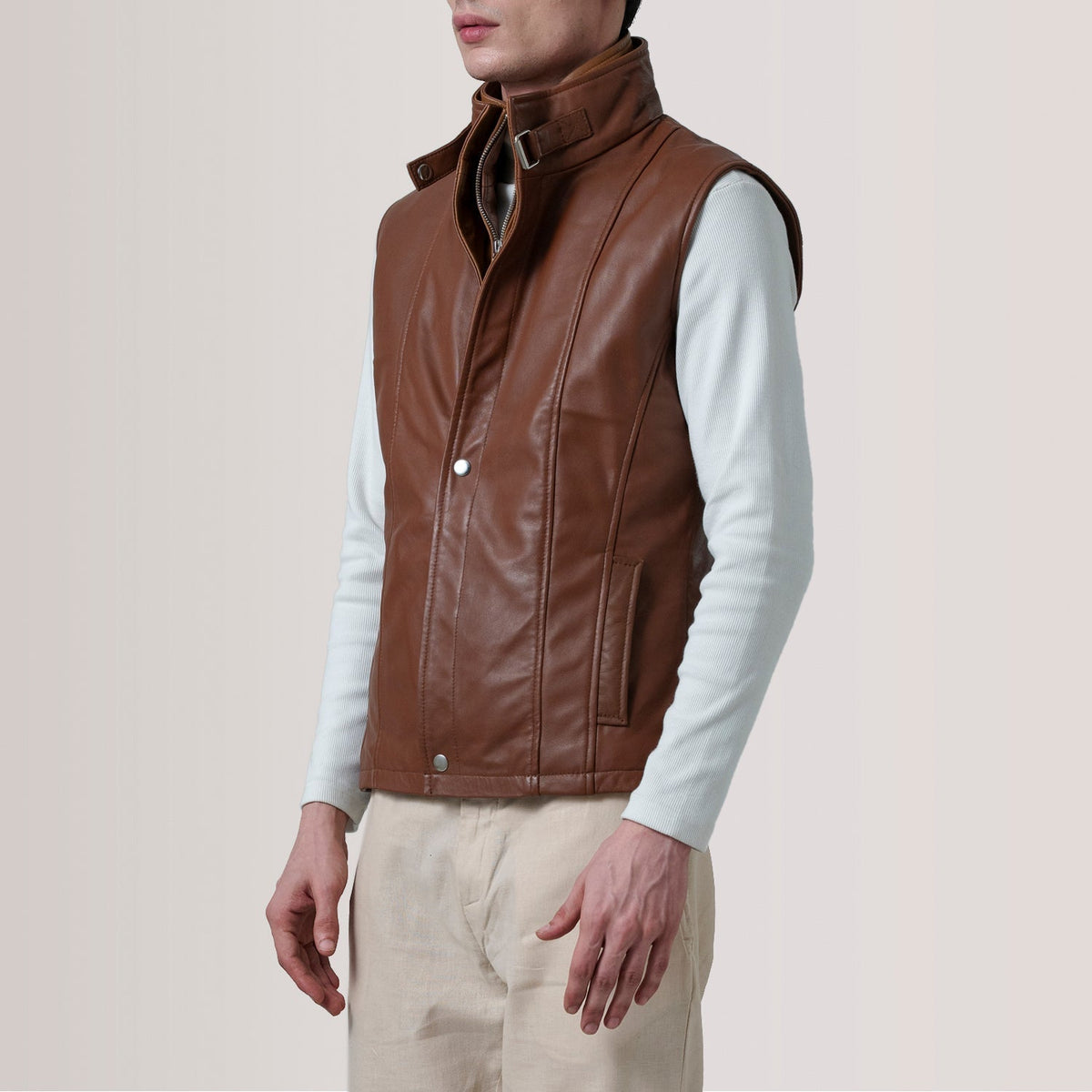 Zane Waxed Brown Leather Vest - men's vest in brown premium leather, view 3