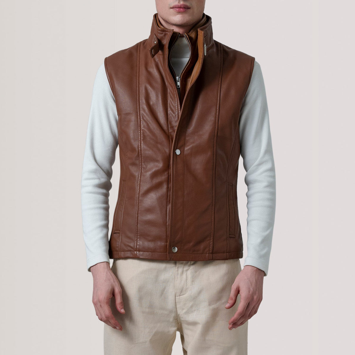 Zane Waxed Brown Leather Vest - men's vest in brown premium leather, view 5