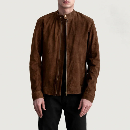 Zen Brown Suede Biker Jacket - men's jacket in brown suede leather, view 1