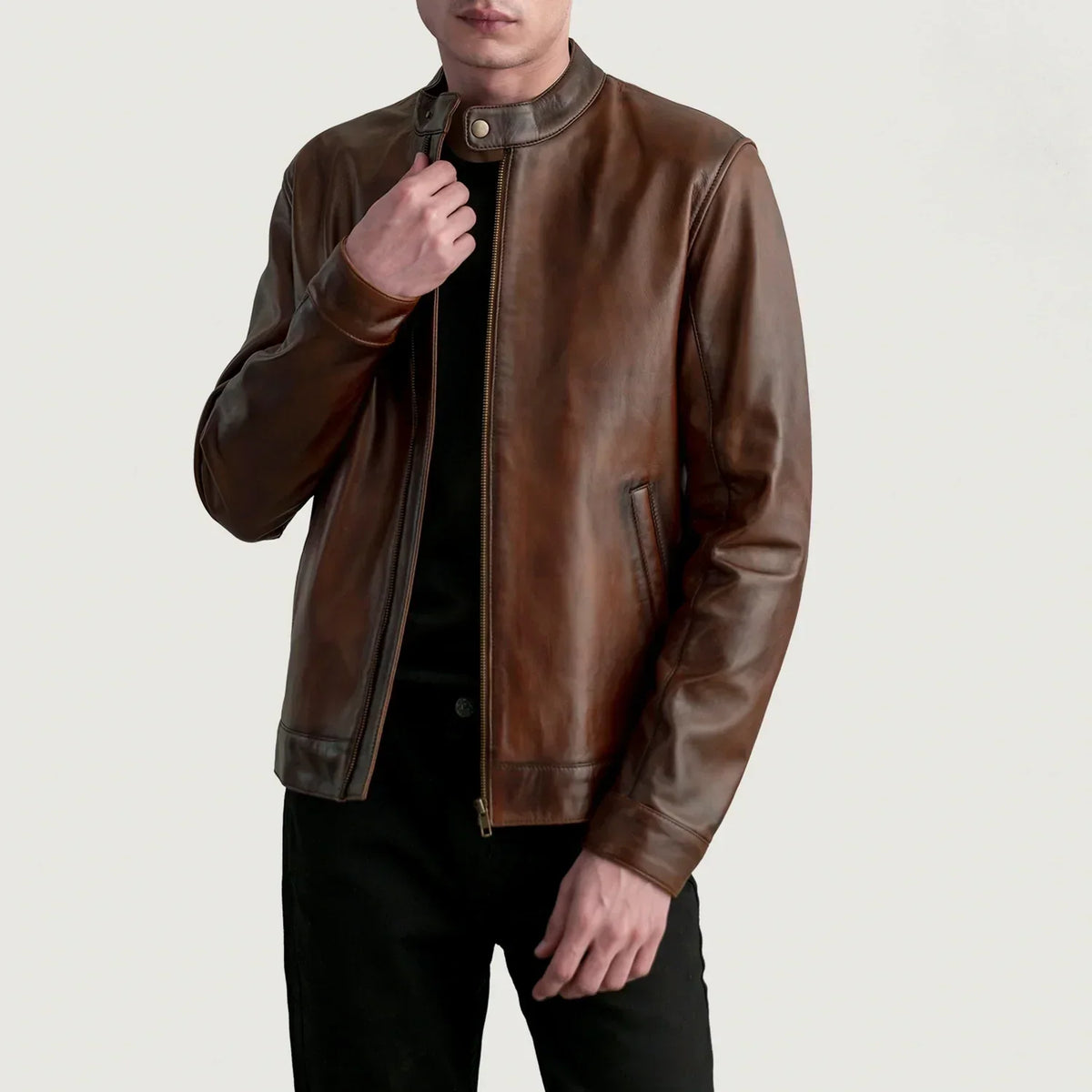 Zen Distressed Brown Leather Biker Jacket - men's jacket in brown premium leather, view 1