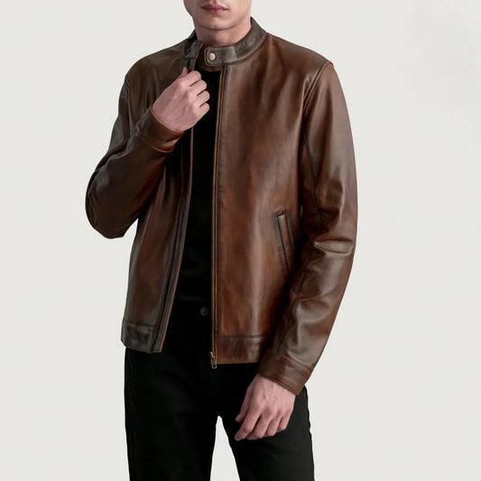 Zen Distressed Brown Leather Biker Jacket - men's jacket in brown premium leather, view 1