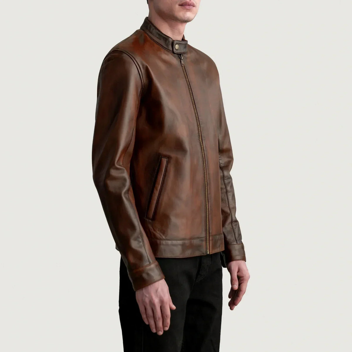 Zen Distressed Brown Leather Biker Jacket - men's jacket in brown premium leather, view 2