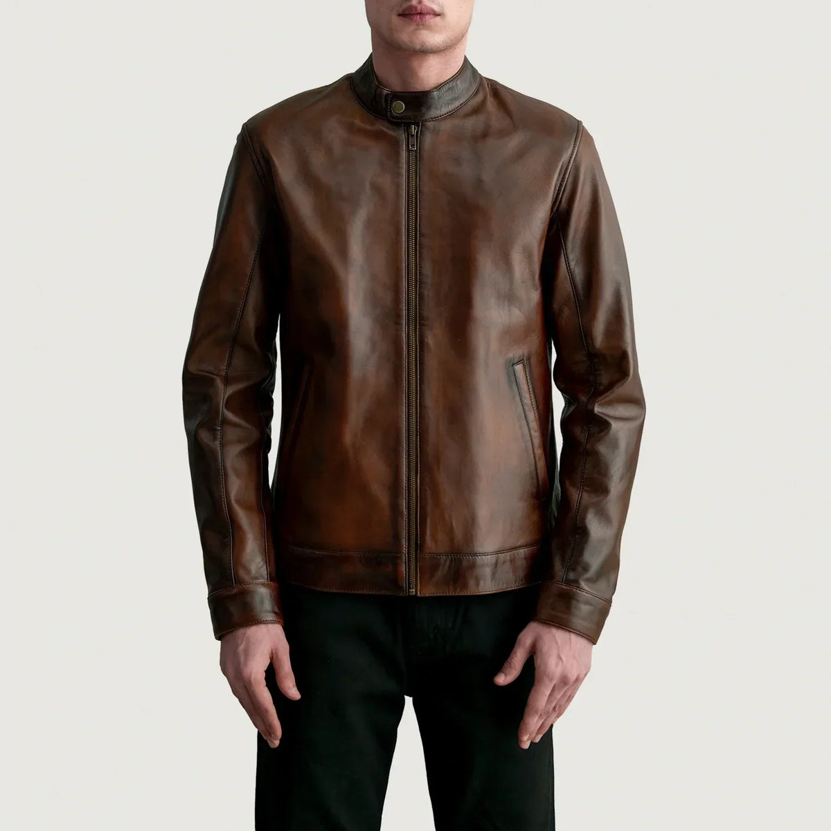Zen Distressed Brown Leather Biker Jacket - men's jacket in brown premium leather, view 3