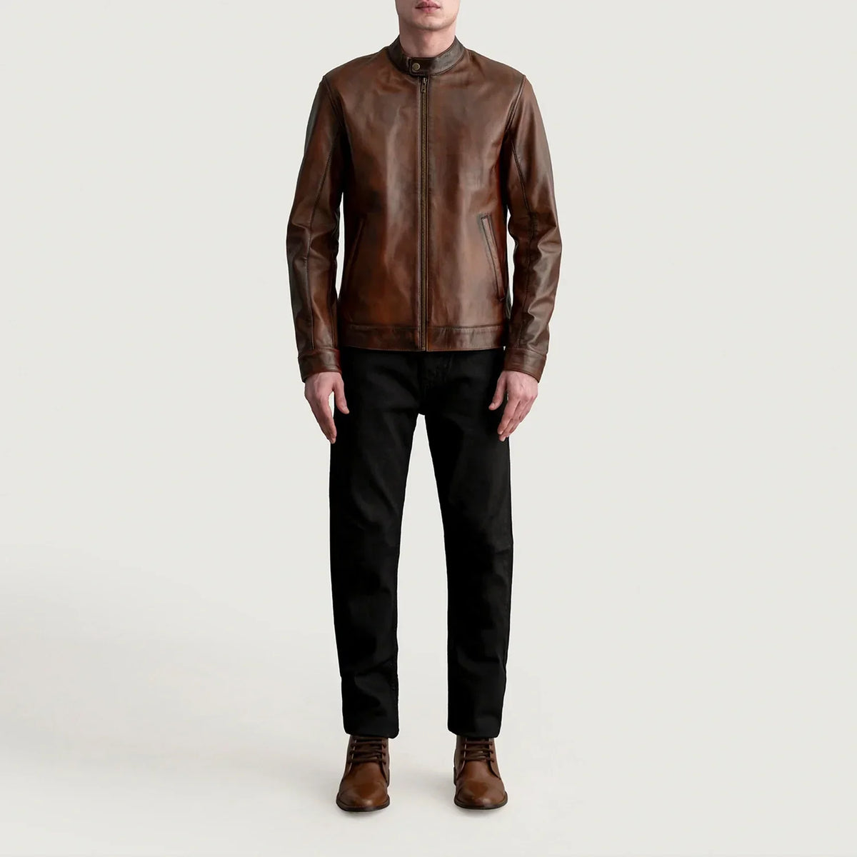 Zen Distressed Brown Leather Biker Jacket - men's jacket in brown premium leather, view 4