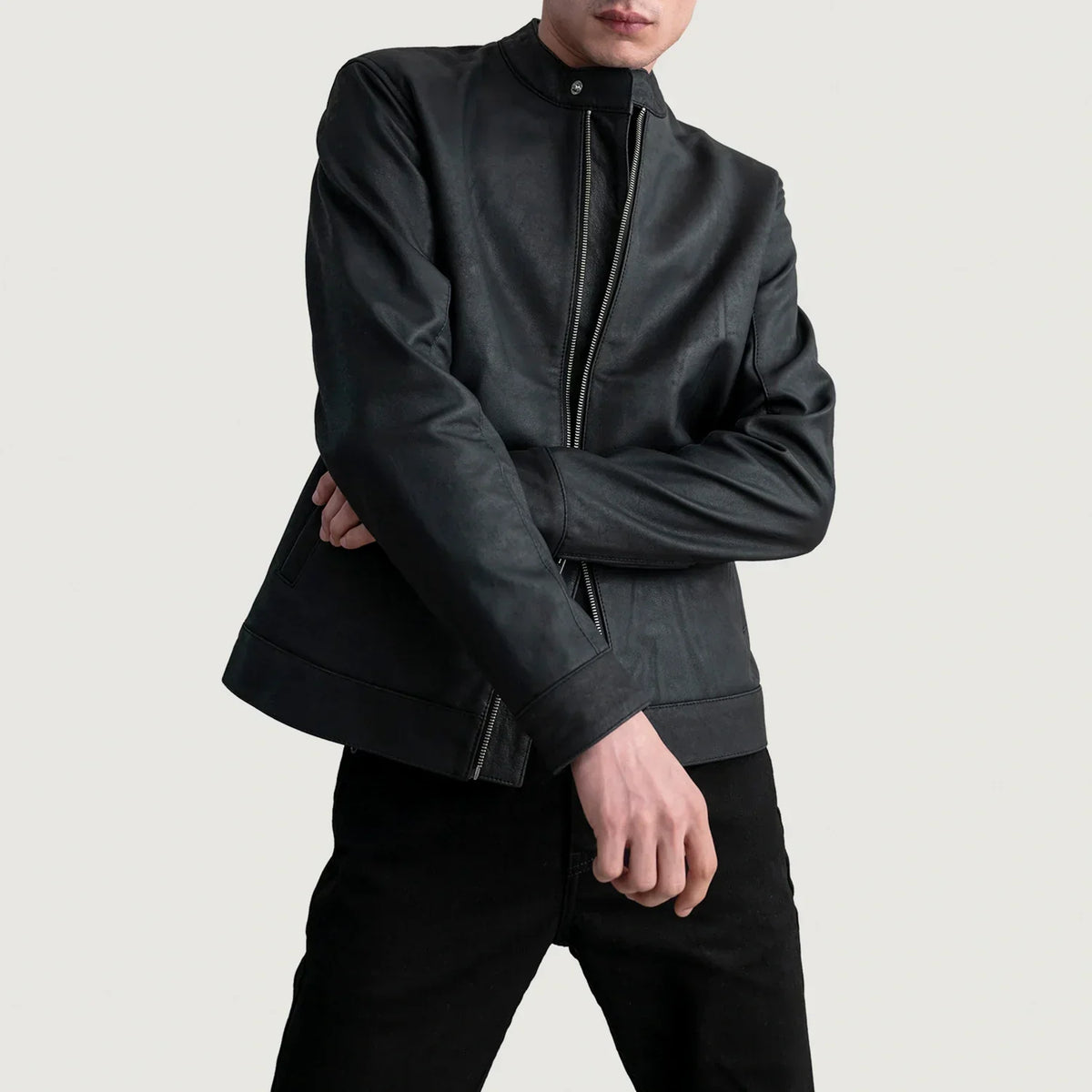 Zen Tumbled Black Leather Biker Jacket - men's jacket in black premium leather, view 3