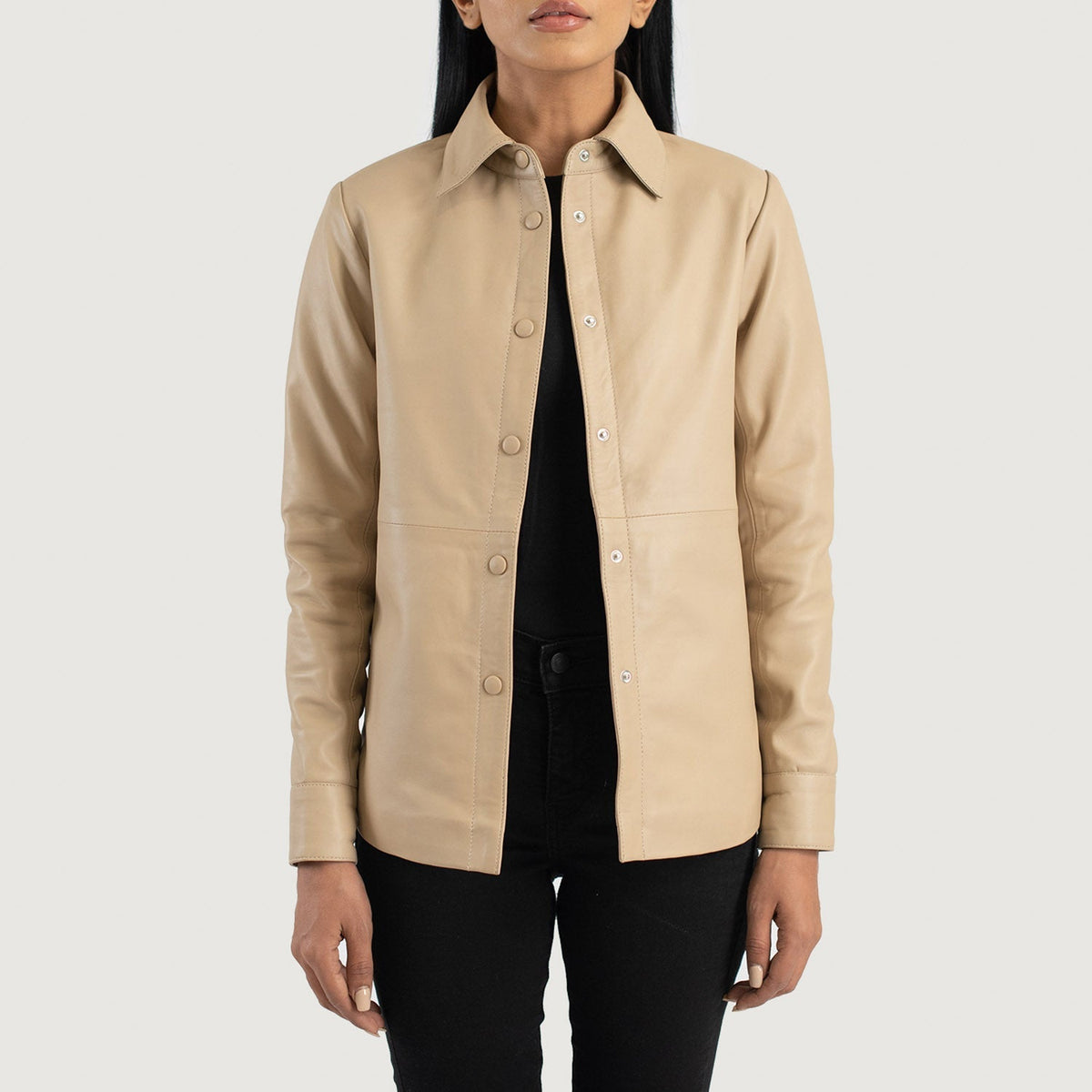 Zenith Beige Leather Shirt Jacket - women's jacket in beige sheepskin leather, view 1