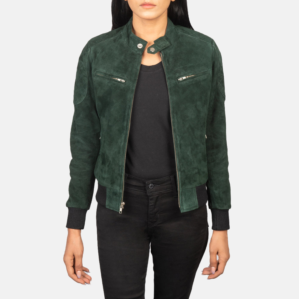 Zenna Green Suede Bomber Jacket - women's jacket in green suede leather, view 1