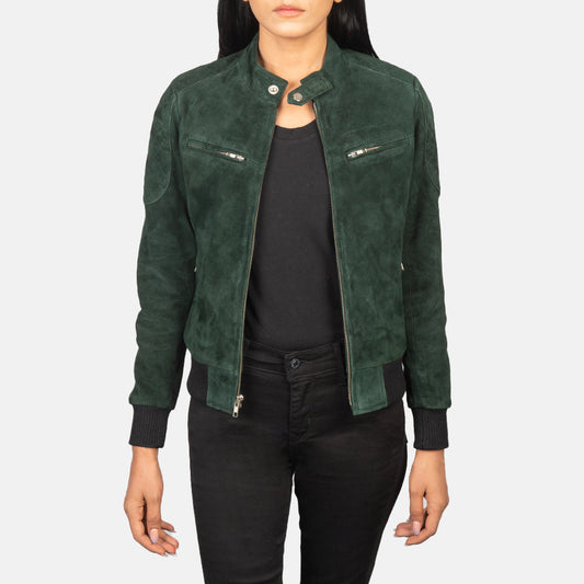 Zenna Green Suede Bomber Jacket - women's jacket in green suede leather, view 1