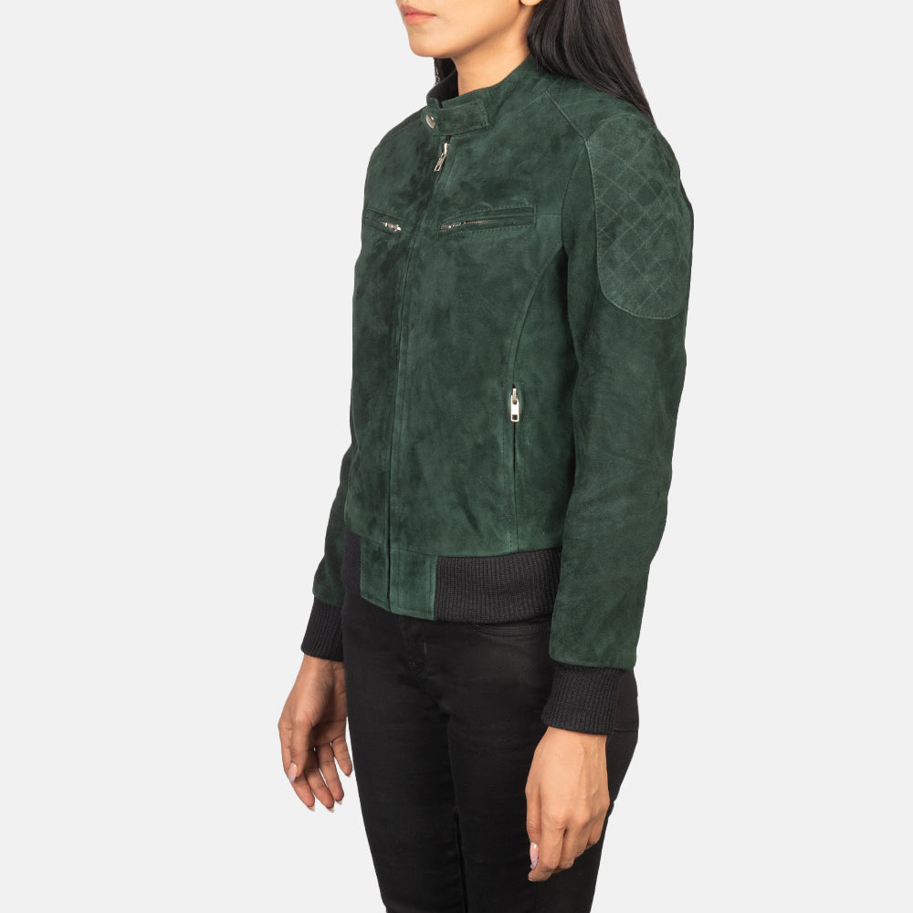 Zenna Green Suede Bomber Jacket - women's jacket in green suede leather, view 2