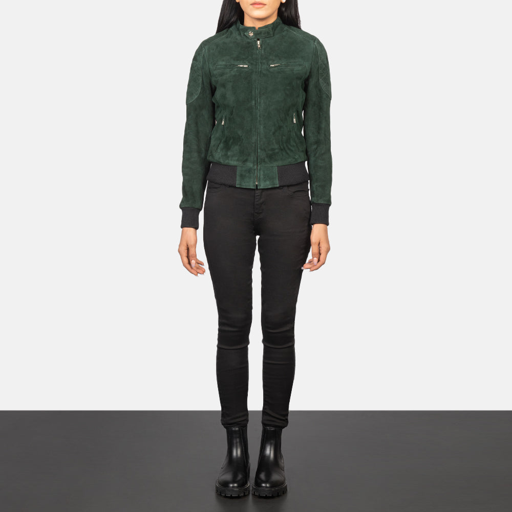 Zenna Green Suede Bomber Jacket - women's jacket in green suede leather, view 3