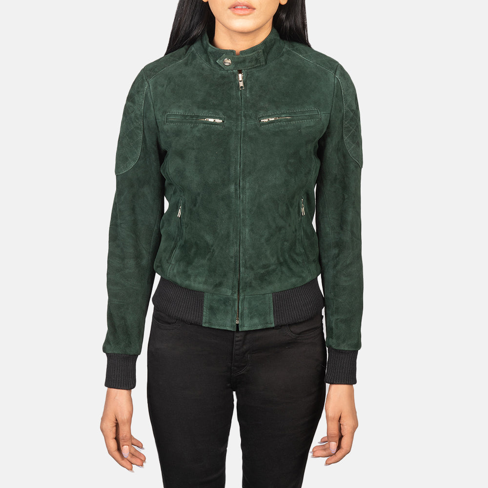 Zenna Green Suede Bomber Jacket - women's jacket in green suede leather, view 4