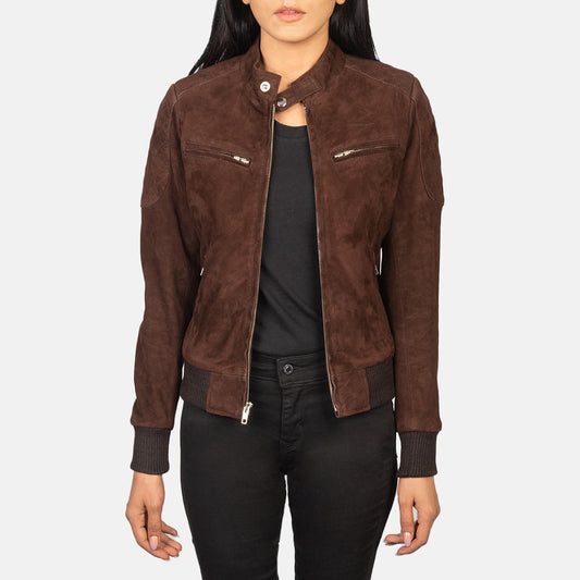 Zenna Mocha Suede Bomber Jacket - women's jacket in mocha suede leather, view 1