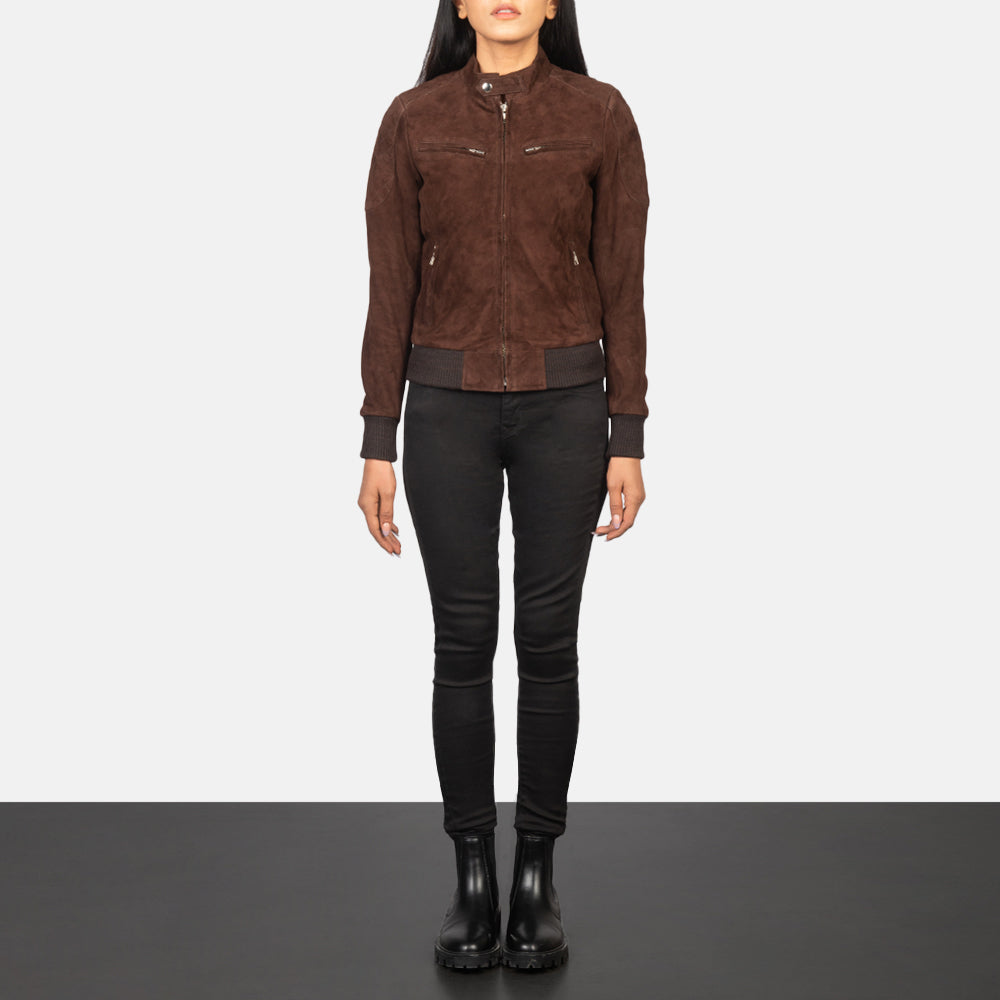 Zenna Mocha Suede Bomber Jacket - women's jacket in mocha suede leather, view 3