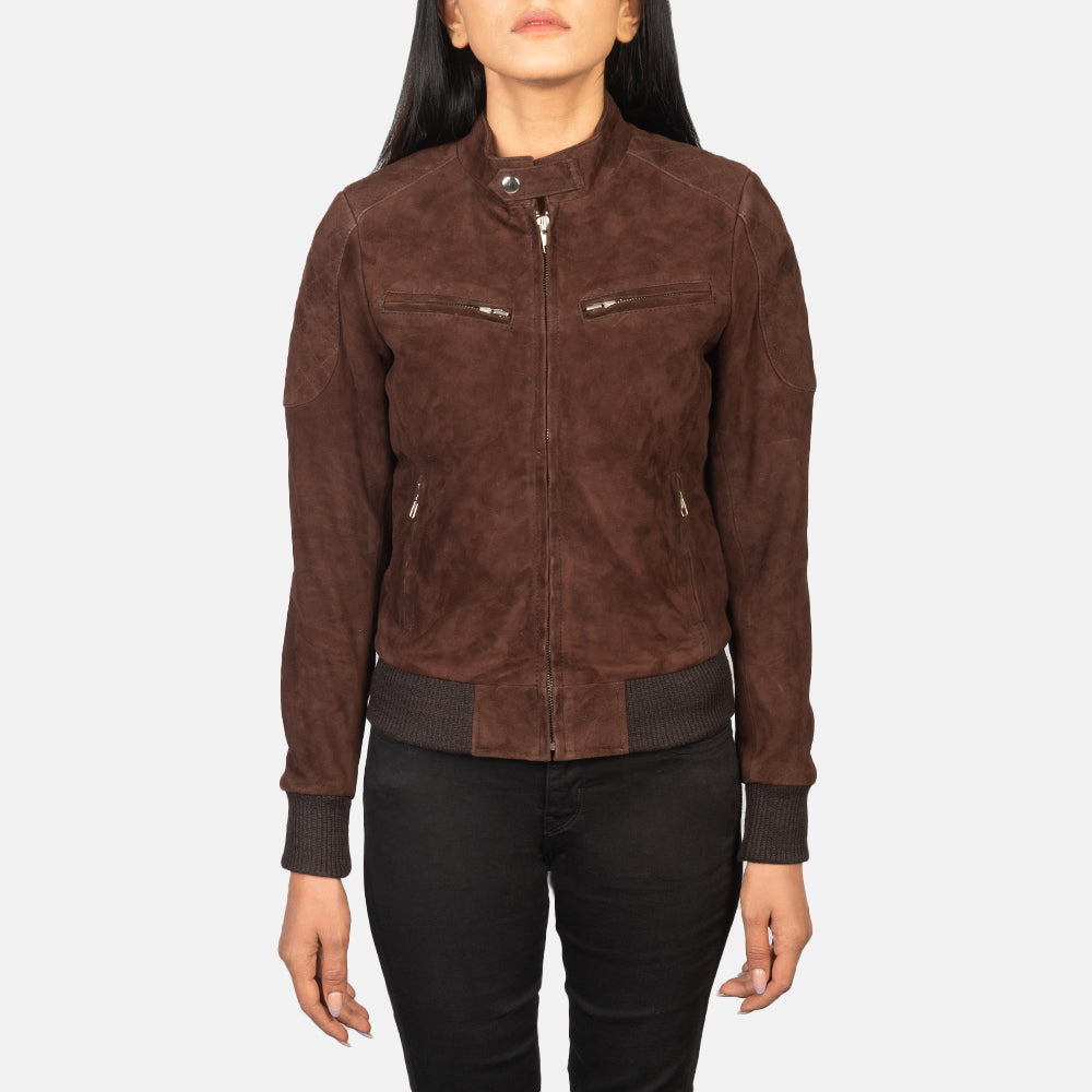 Zenna Mocha Suede Bomber Jacket - women's jacket in mocha suede leather, view 4