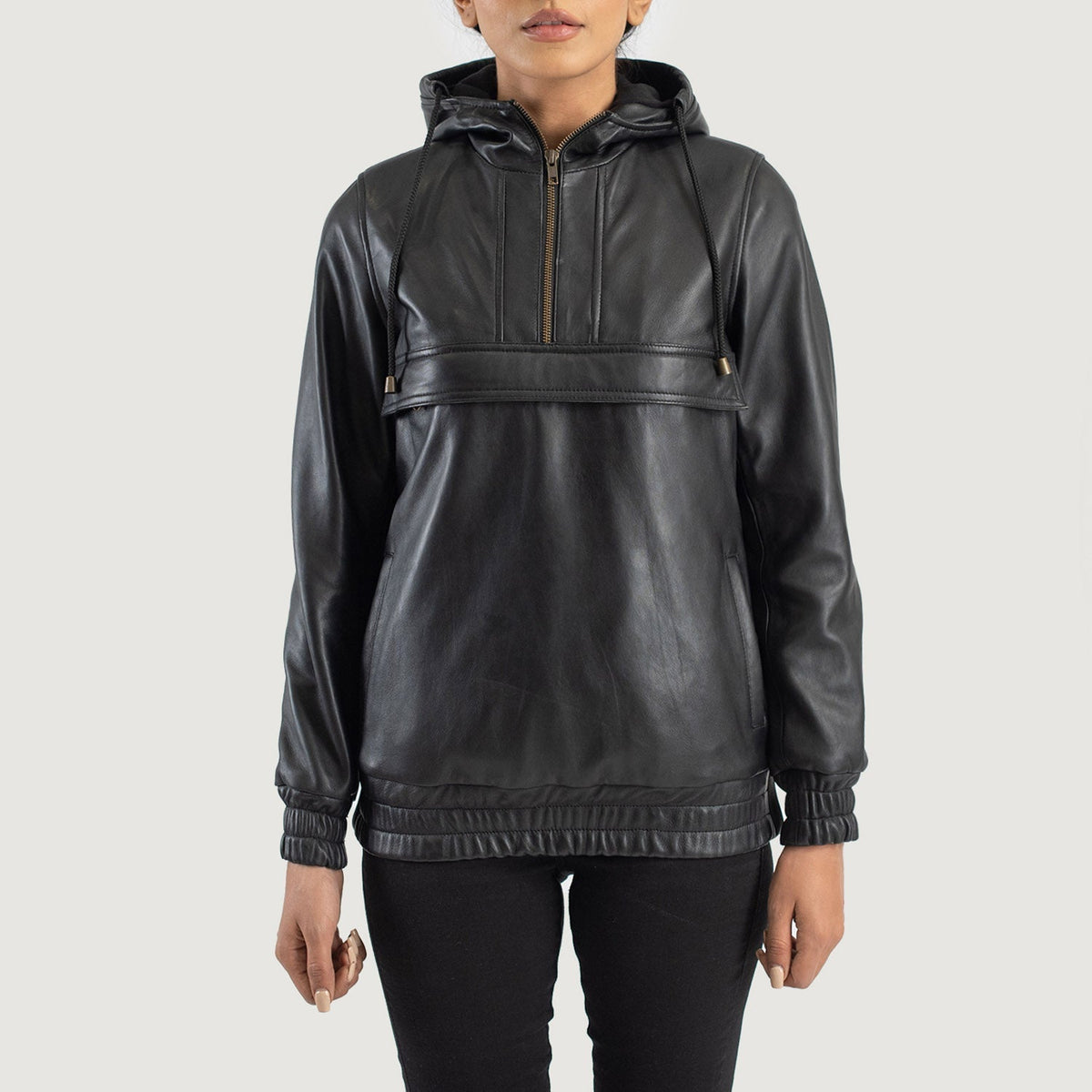 Zest Black Hooded Leather Pullover Jacket - women's jacket in black sheepskin leather, view 1