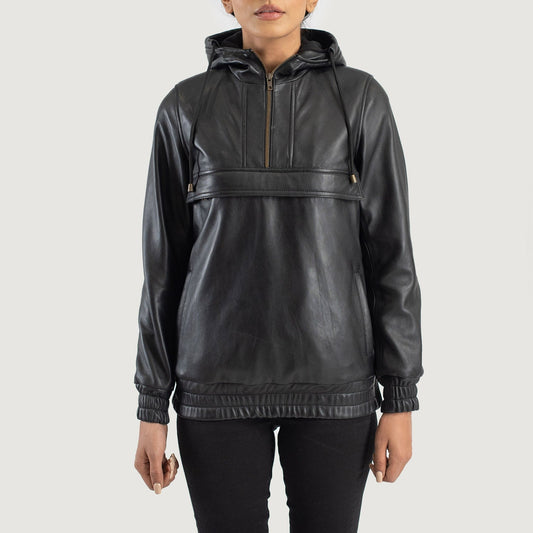 Zest Black Hooded Leather Pullover Jacket - women's jacket in black sheepskin leather, view 1