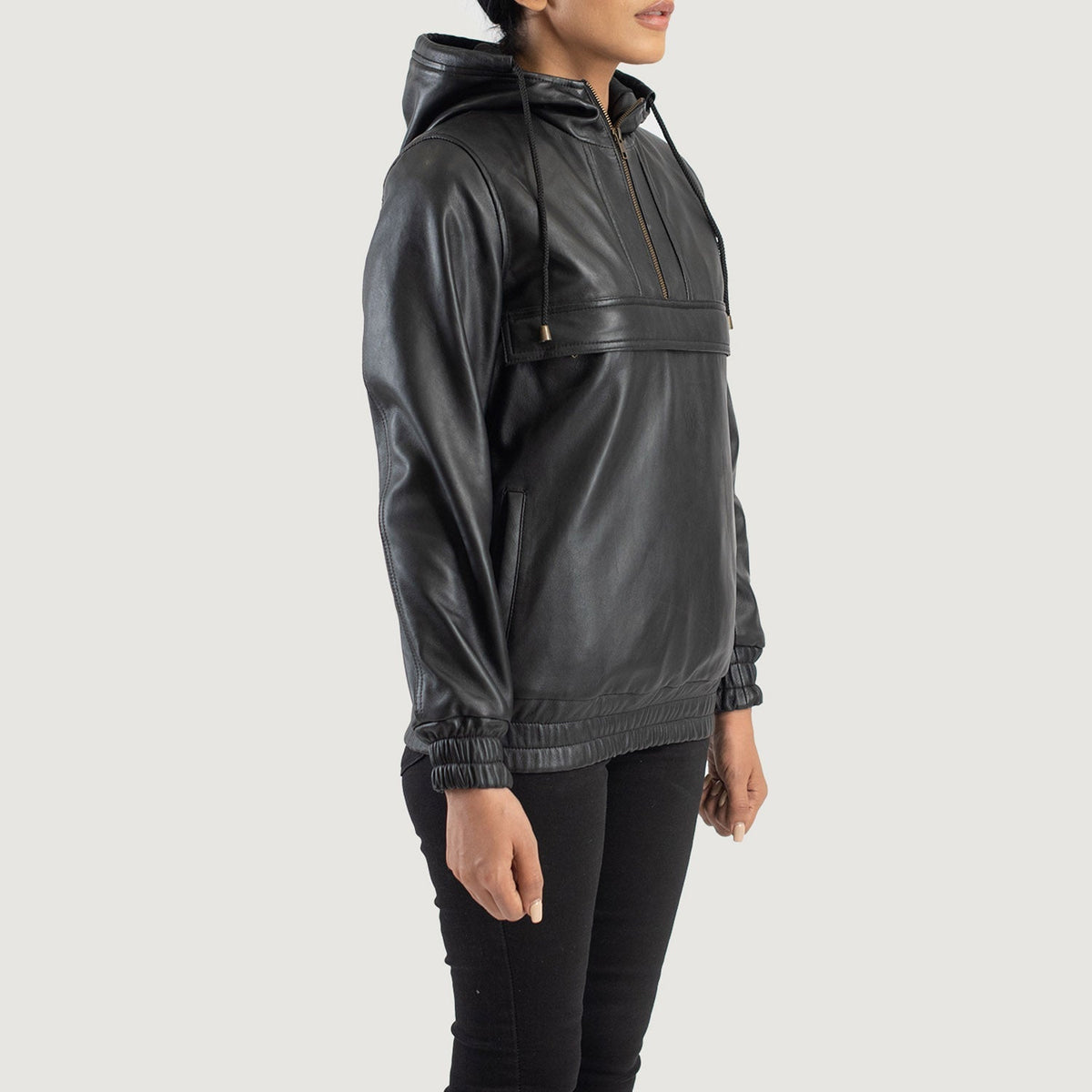Zest Black Hooded Leather Pullover Jacket - women's jacket in black sheepskin leather, view 2
