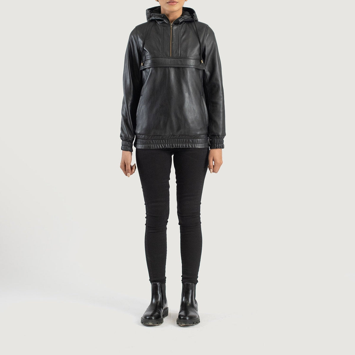 Zest Black Hooded Leather Pullover Jacket - women's jacket in black sheepskin leather, view 3