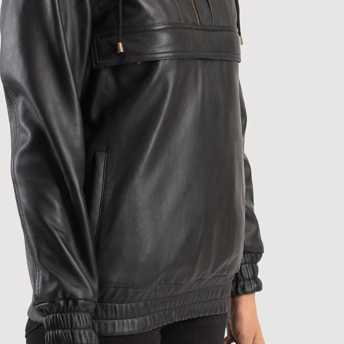 Zest Black Hooded Leather Pullover Jacket - women's jacket in black sheepskin leather, view 4