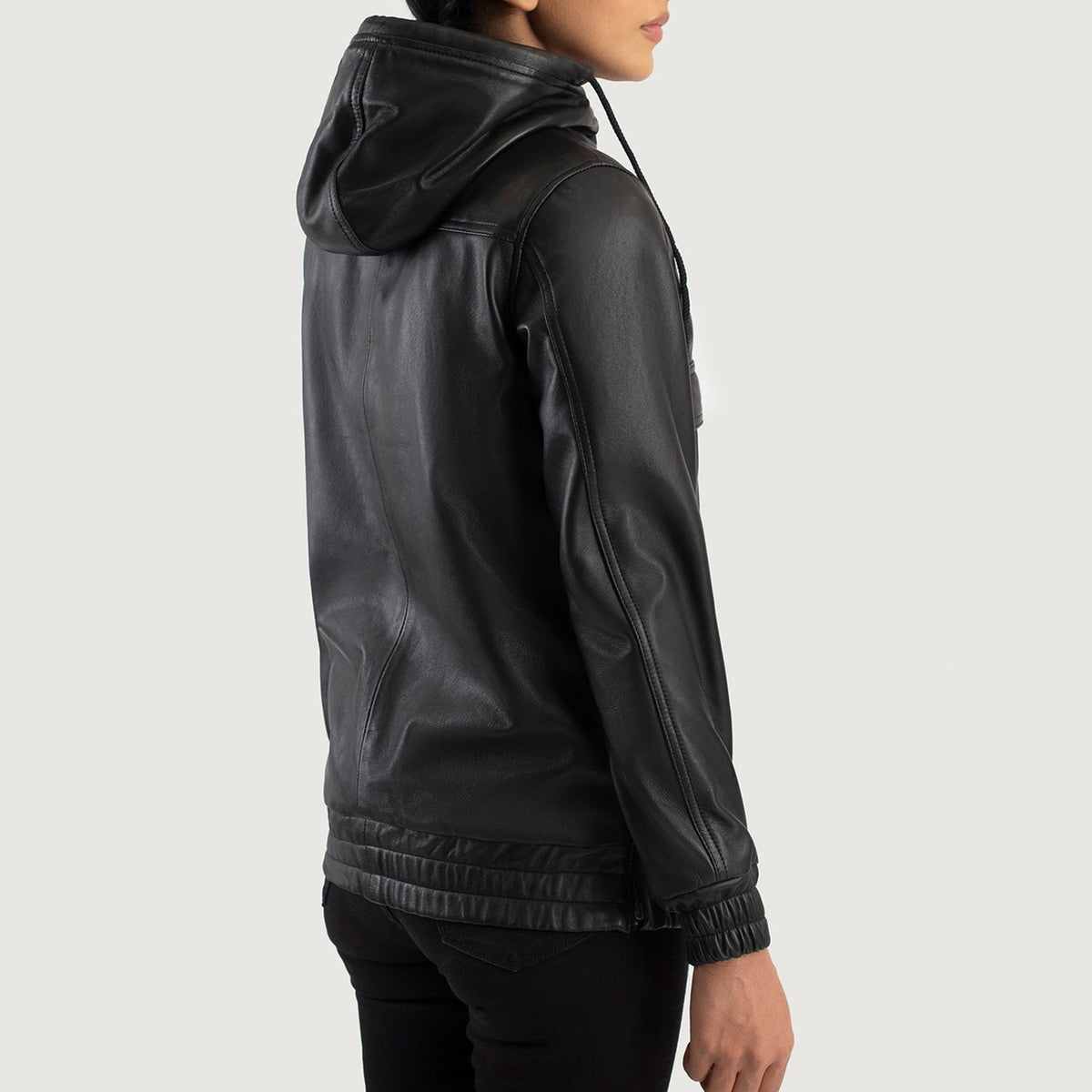 Zest Black Hooded Leather Pullover Jacket - women's jacket in black sheepskin leather, view 5