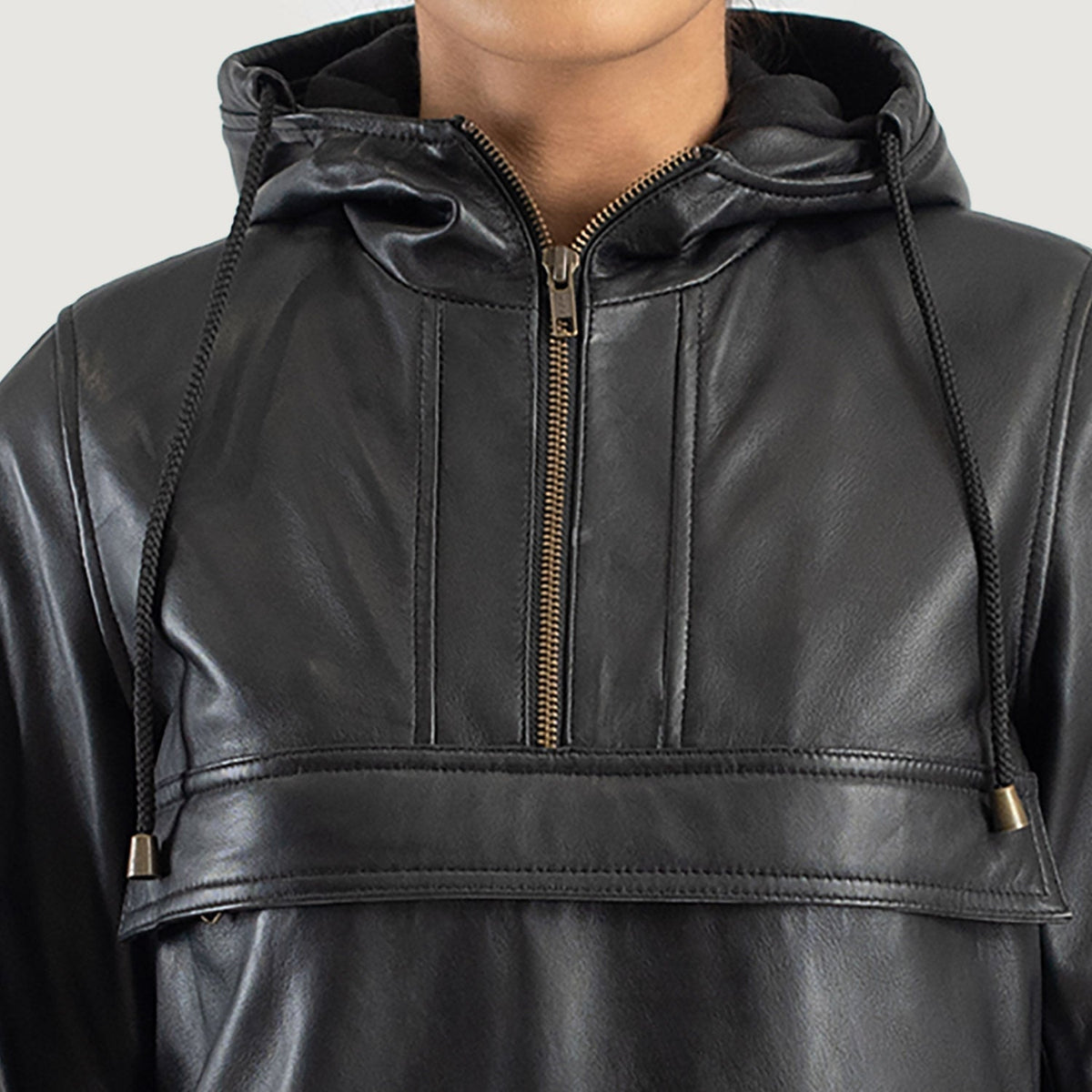 Zest Black Hooded Leather Pullover Jacket - women's jacket in black sheepskin leather, view 6