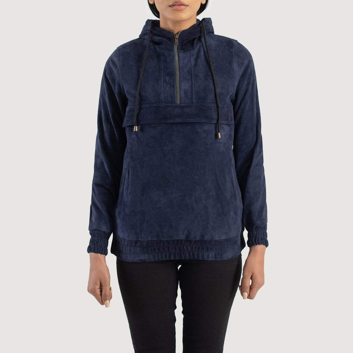 Zest Blue Hooded Suede Pullover Jacket - women's jacket in blue suede leather, view 1