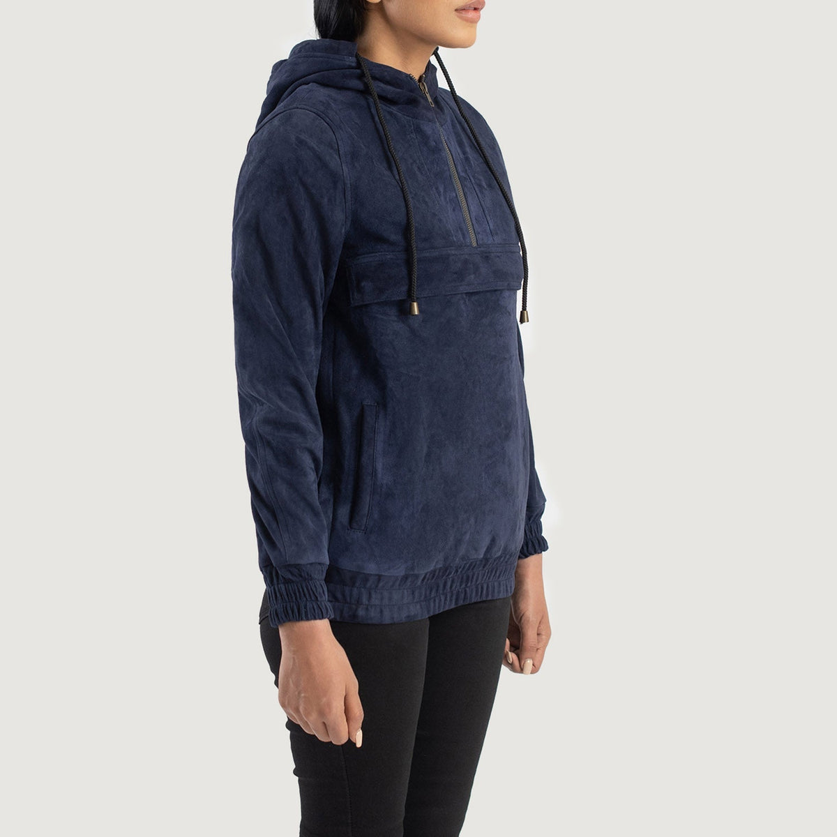 Zest Blue Hooded Suede Pullover Jacket - women's jacket in blue suede leather, view 2
