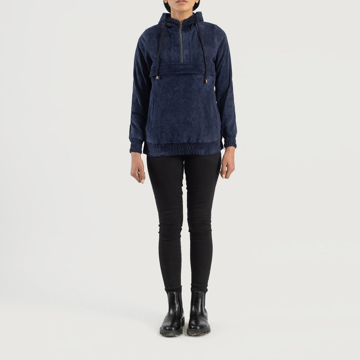 Zest Blue Hooded Suede Pullover Jacket - women's jacket in blue suede leather, view 3