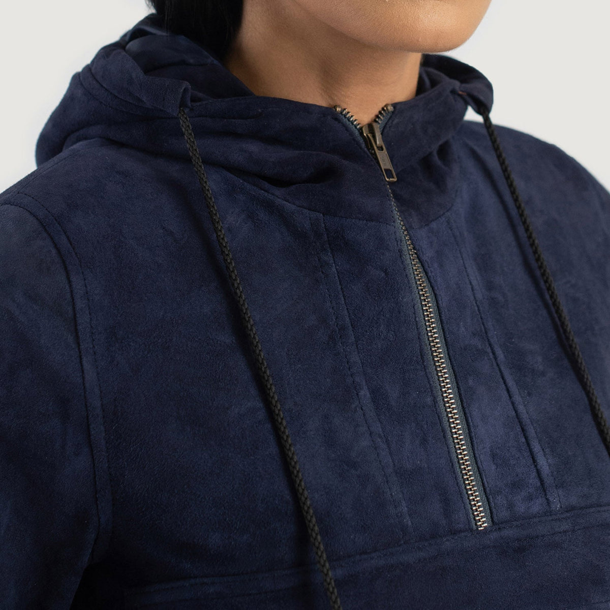 Zest Blue Hooded Suede Pullover Jacket - women's jacket in blue suede leather, view 4