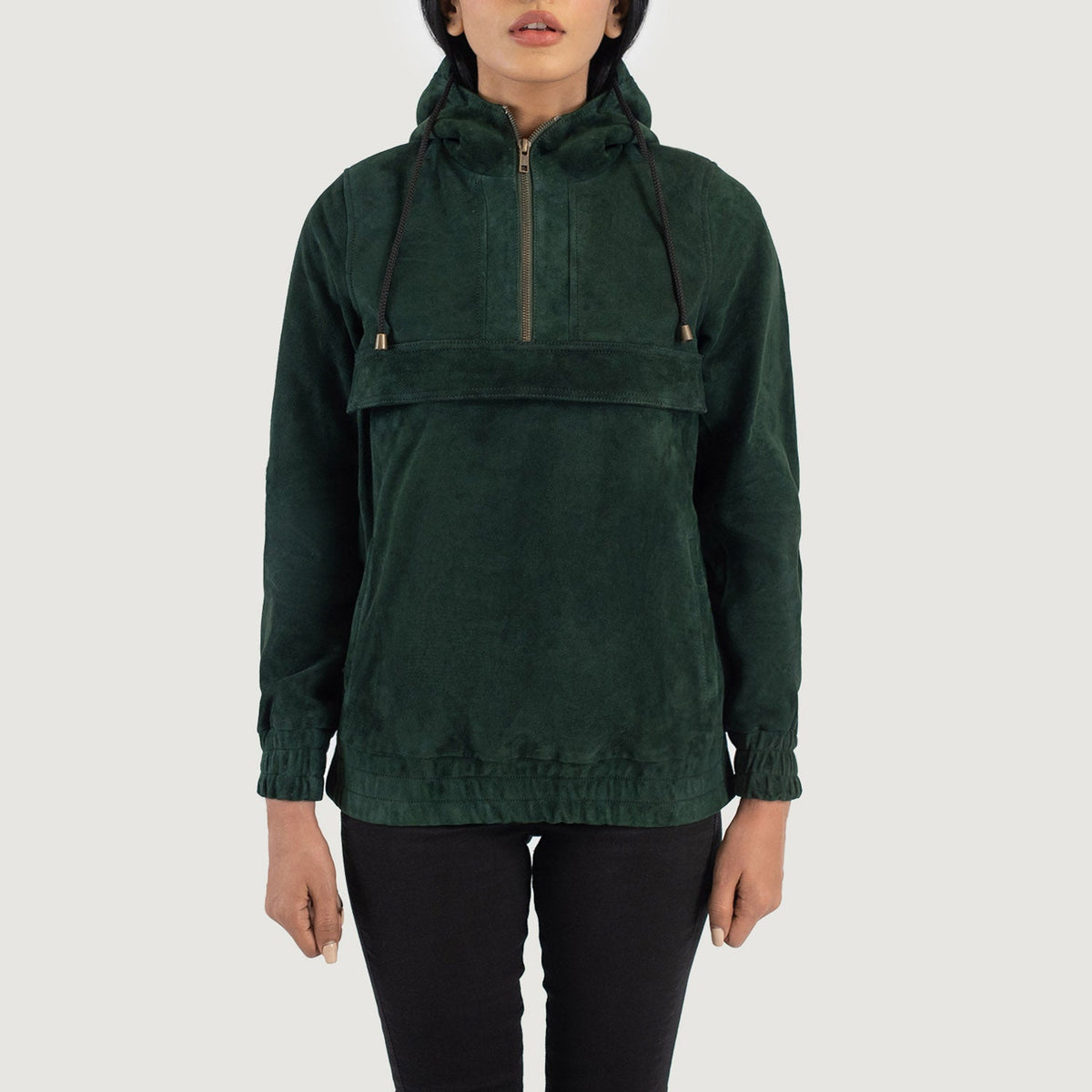 Zest Green Hooded Suede Pullover Jacket - women's jacket in green suede leather, view 1