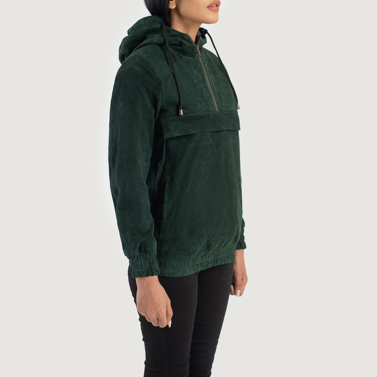 Zest Green Hooded Suede Pullover Jacket - women's jacket in green suede leather, view 2