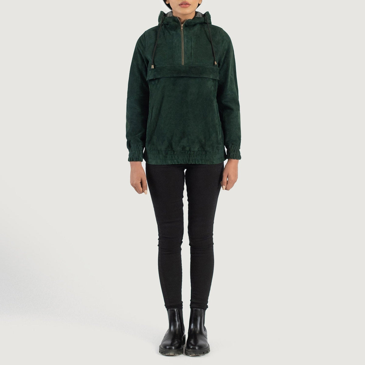 Zest Green Hooded Suede Pullover Jacket - women's jacket in green suede leather, view 3
