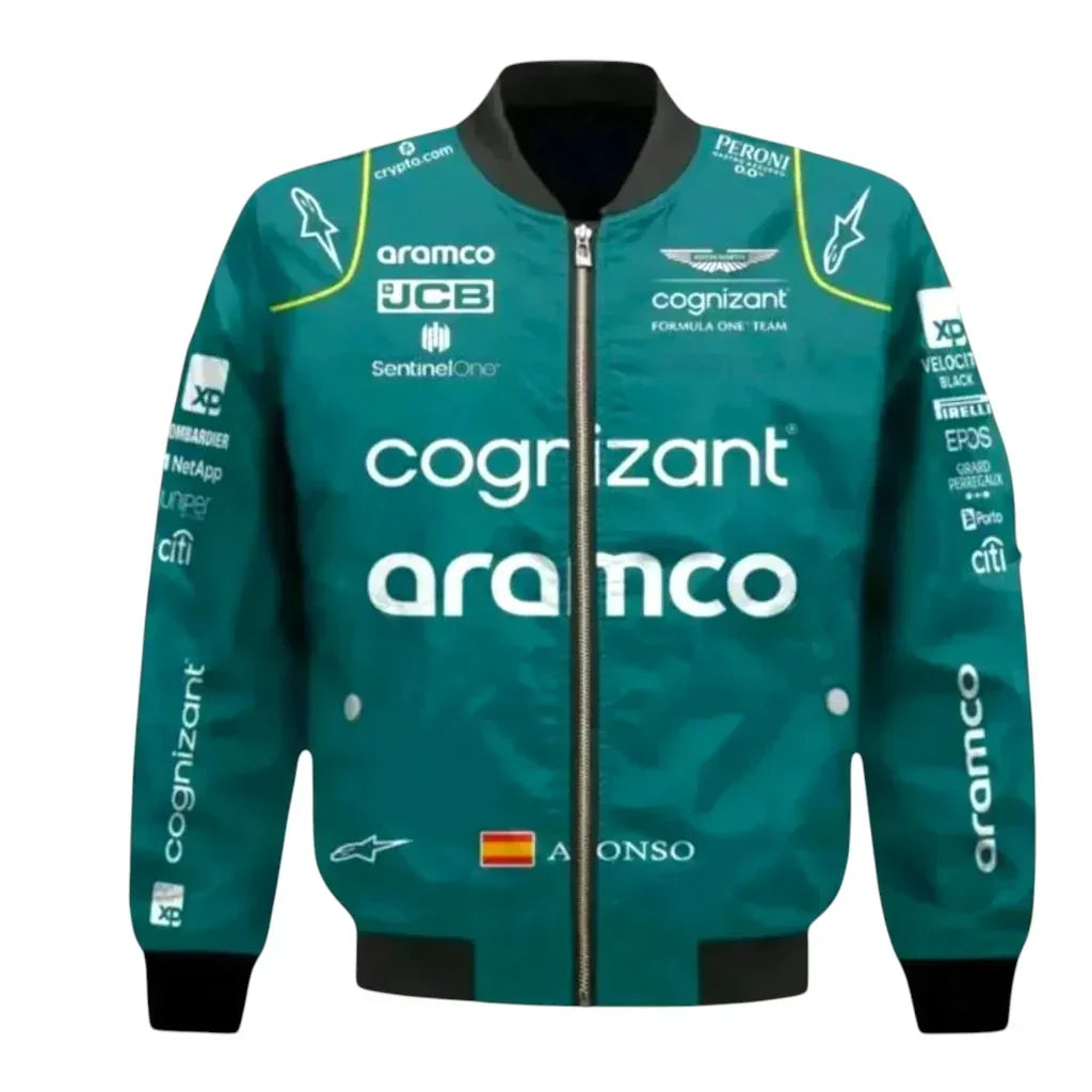 Brex Aston Martin F1 2023 Fernando Alonso Vintage Team Jacket – Official Bomber - racing jacket, view 1 | Brex International
