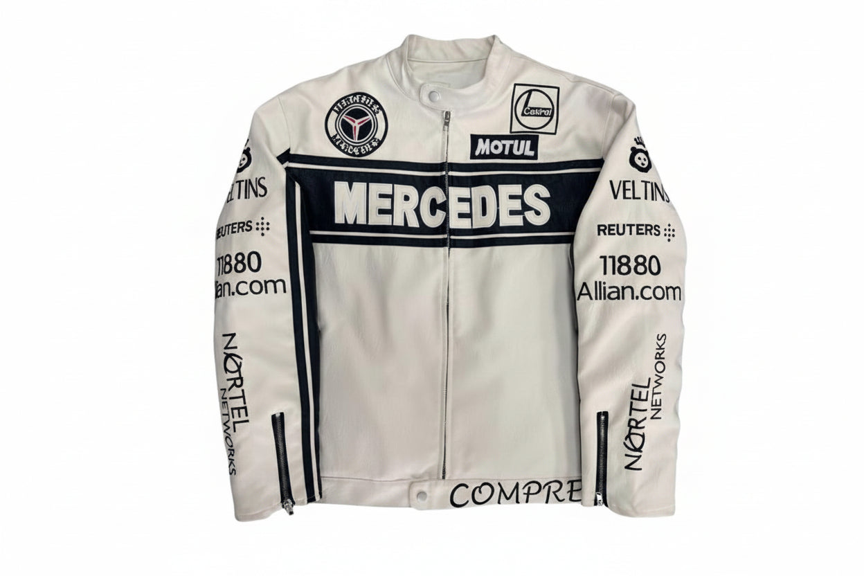 Mercedes White Leather Racing Jacket