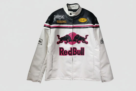 Red Bull White and Pink Leather Racing Jacket