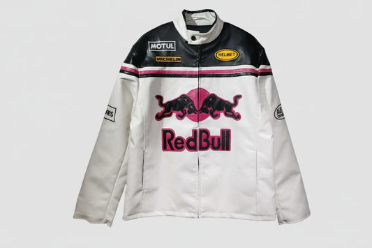 Red Bull White and Pink Leather Racing Jacket